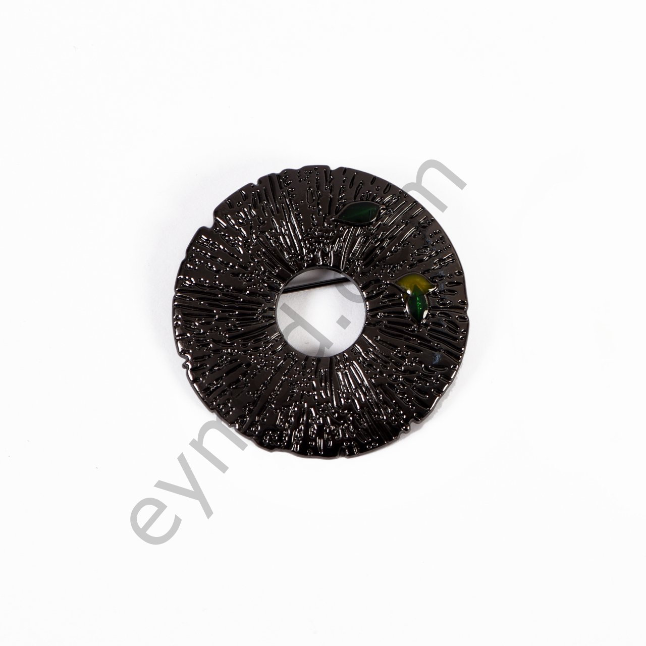 Yaprak Taşlı Yuvarlak Broş BLACK NİKEL