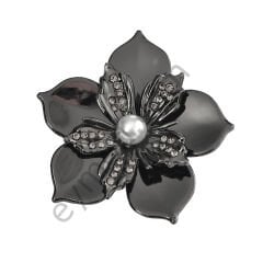 30 Taşlı İncili Çiçek Broş BLACK NİKEL