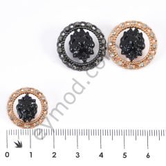 12 Taşlı Aslan Yuvarlak Düğme BLACK NİKEL + BLACK - DÜĞME BOYU 28L (~18 mm)