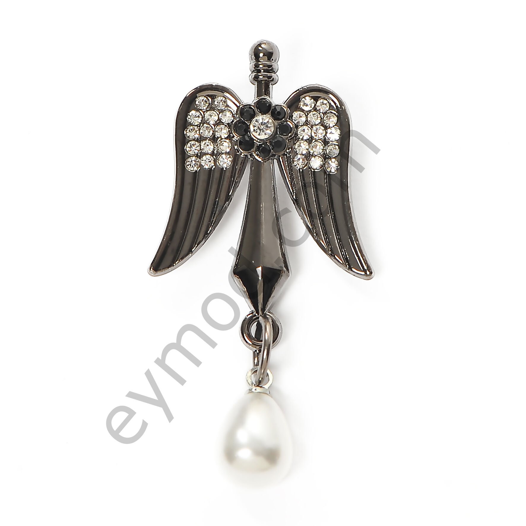 30 Taşlı Mineli İnci Sallantılı Broş BLACK NİKEL