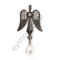 30 Taşlı Mineli İnci Sallantılı Broş BLACK NİKEL
