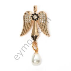 30 Taşlı Mineli İnci Sallantılı Broş GOLD