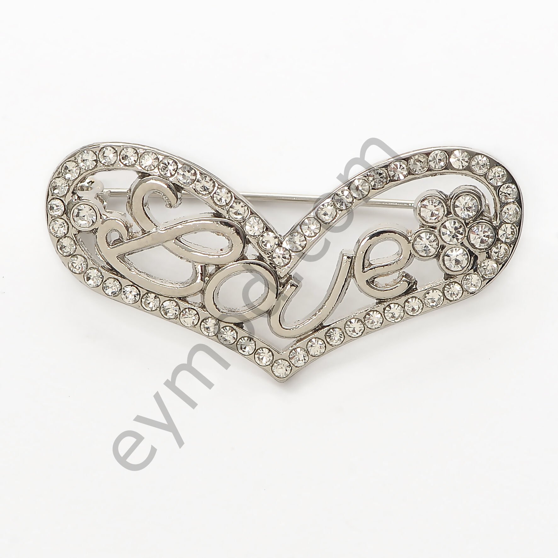 63 Taş Love Yazılı Kalp Broş NİKEL