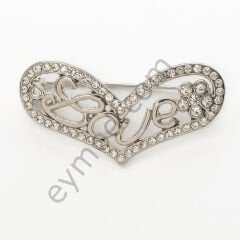 63 Taş Love Yazılı Kalp Broş NİKEL