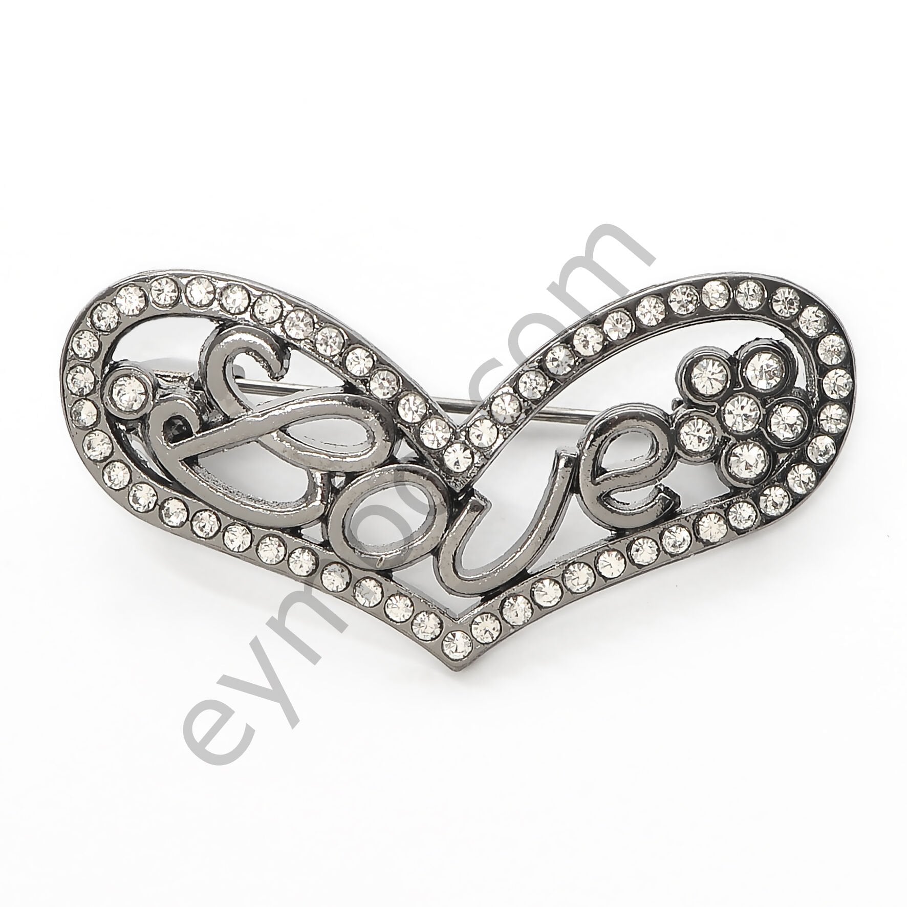63 Taş Love Yazılı Kalp Broş BLACK NİKEL