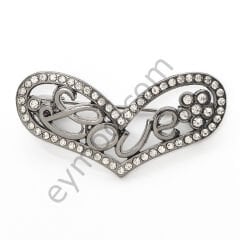 63 Taş Love Yazılı Kalp Broş BLACK NİKEL