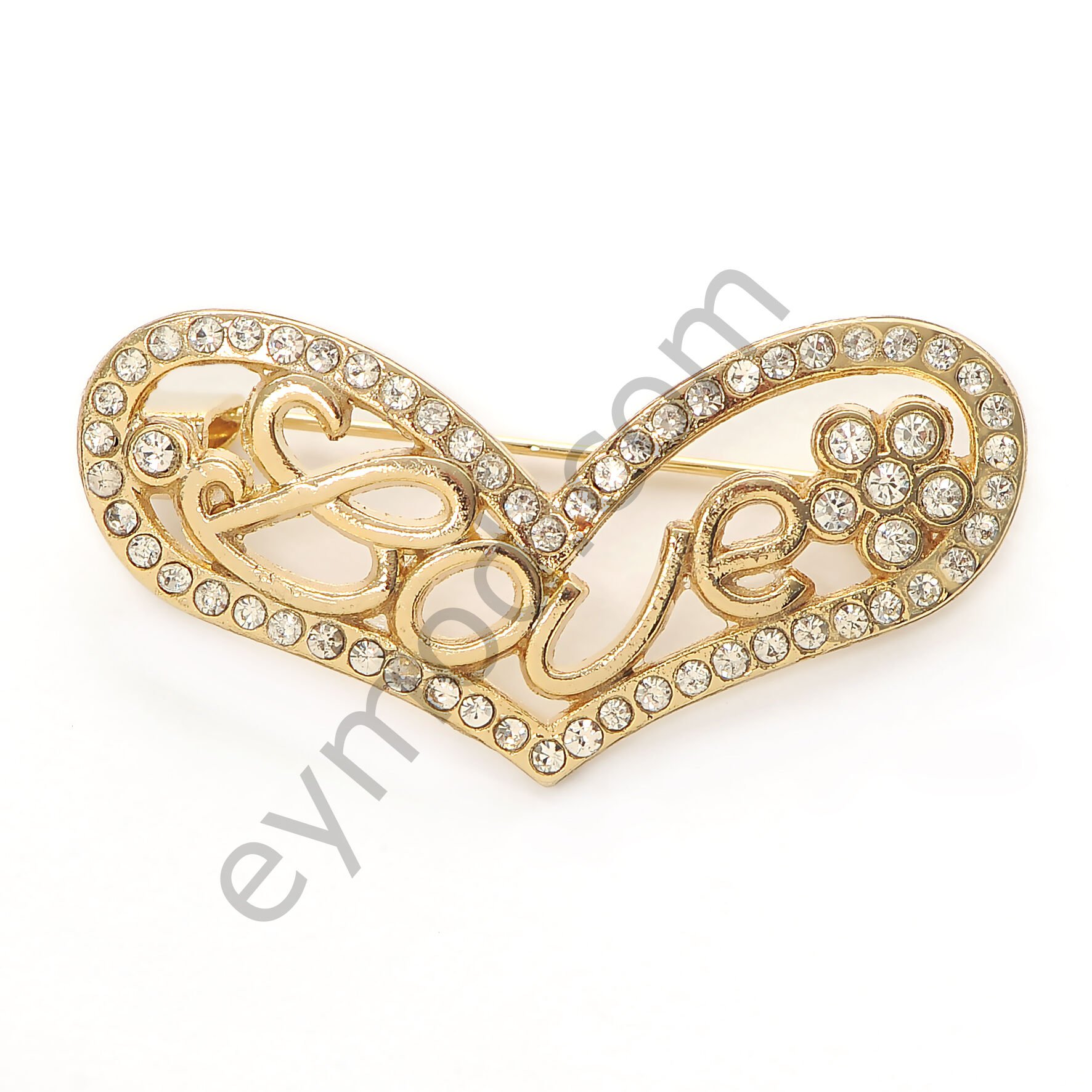 63 Taş Love Yazılı Kalp Broş GOLD