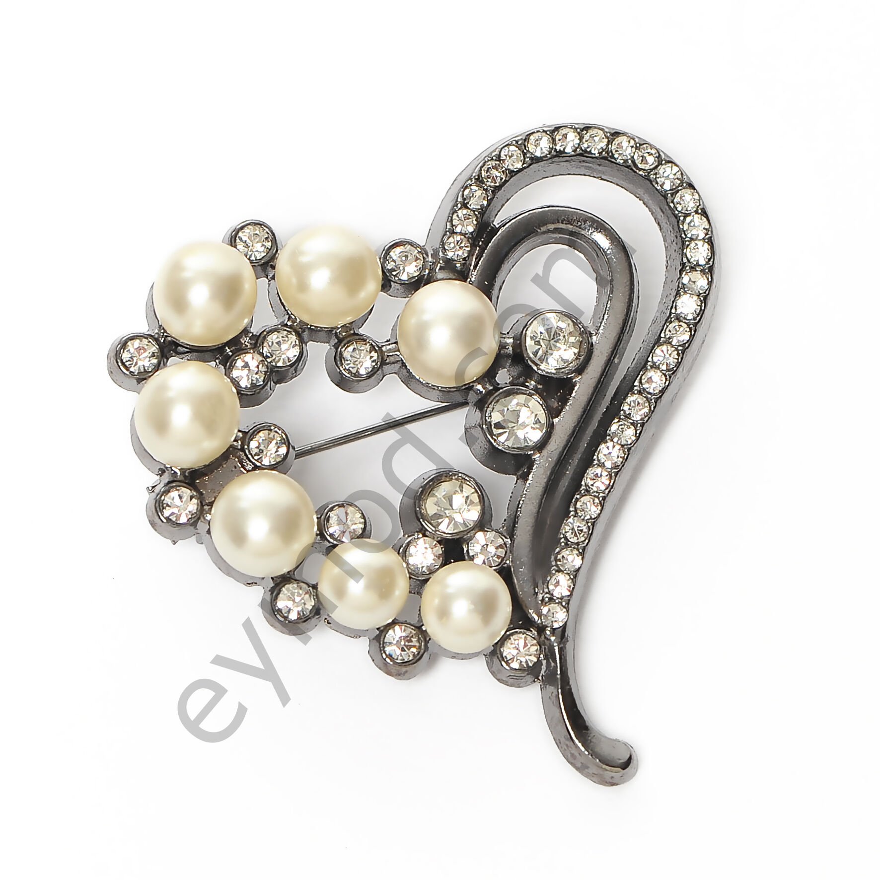 45 Taşlı 5 İncili Kalp Broş BLACK NİKEL