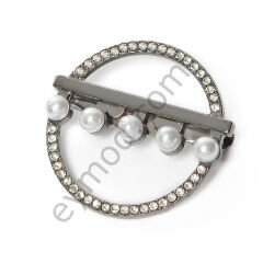 10 Taşlı 5 İncili Yuvarlak Broş BLACK NİKEL