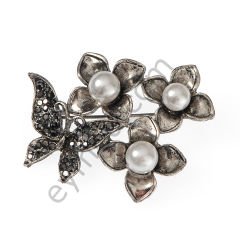 46 Taşlı İncili Kelebek Çiçek Broş