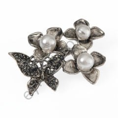 46 Taşlı İncili Kelebek Çiçek Broş