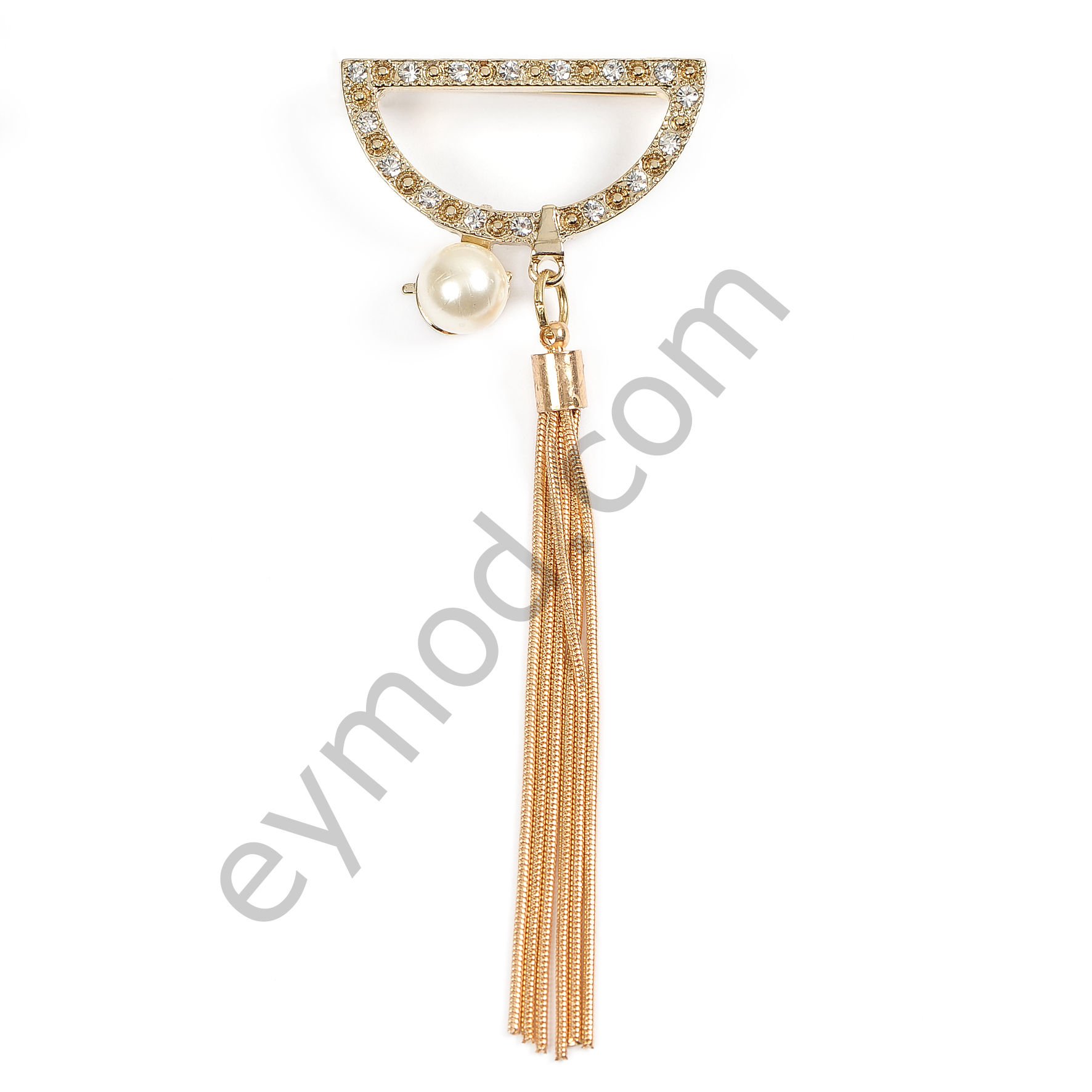 Zincir Ve İnci Sallantılı 16 Taşlı D Broş GOLD