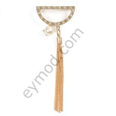 Zincir Ve İnci Sallantılı 16 Taşlı D Broş GOLD