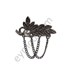 Taşlı Yaprak Zincir Sallantılı Broş BLACK NİKEL