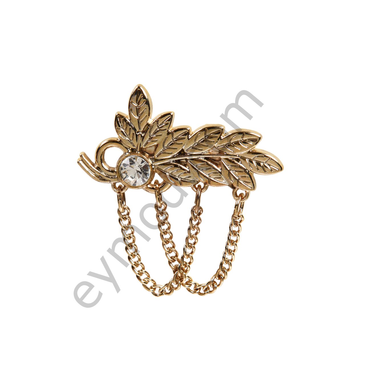 Taşlı Yaprak Zincir Sallantılı Broş GOLD