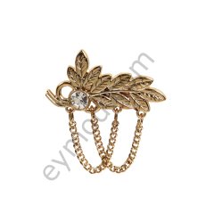 Taşlı Yaprak Zincir Sallantılı Broş GOLD