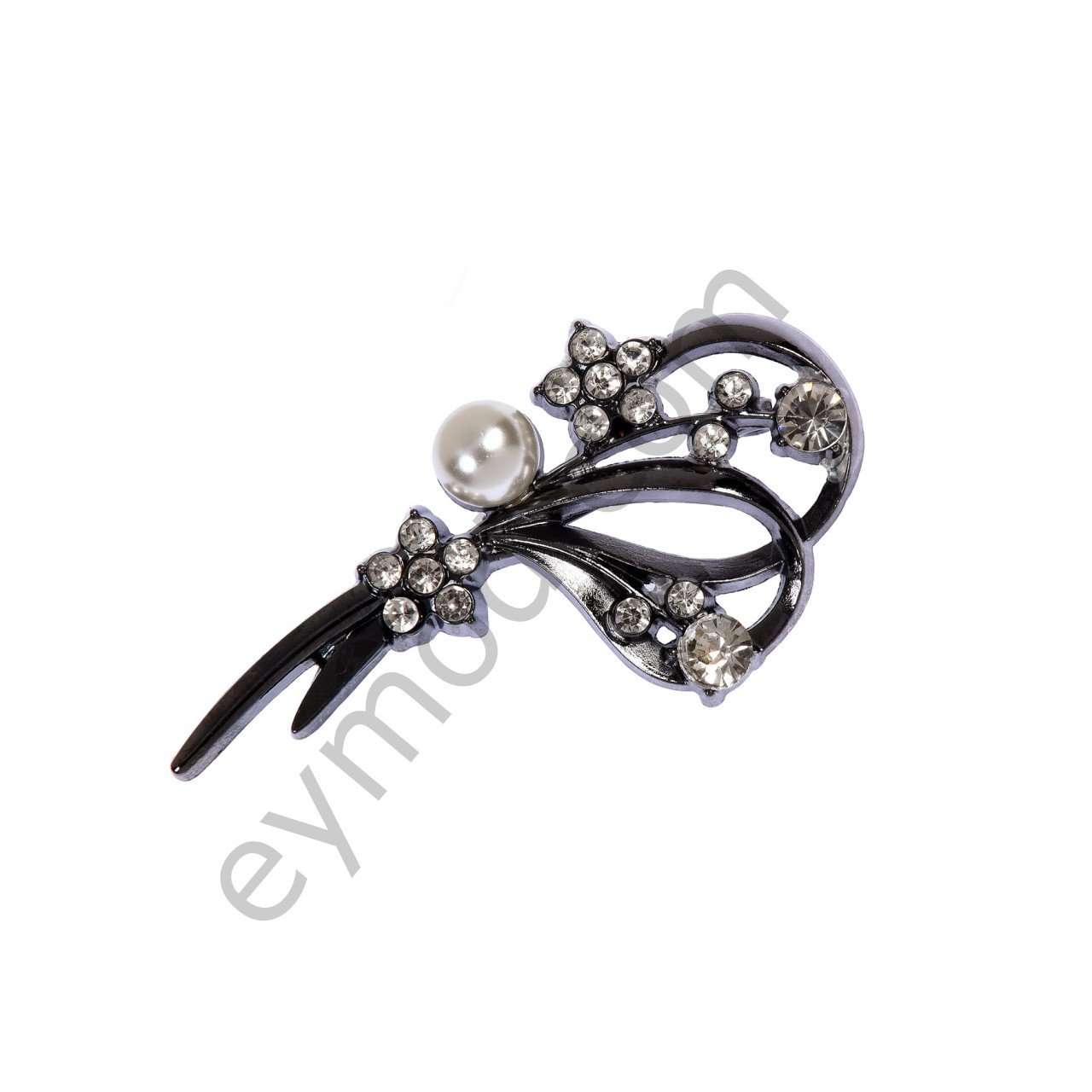 Taşlı İncili Çiçek Broş BLACK NİKEL