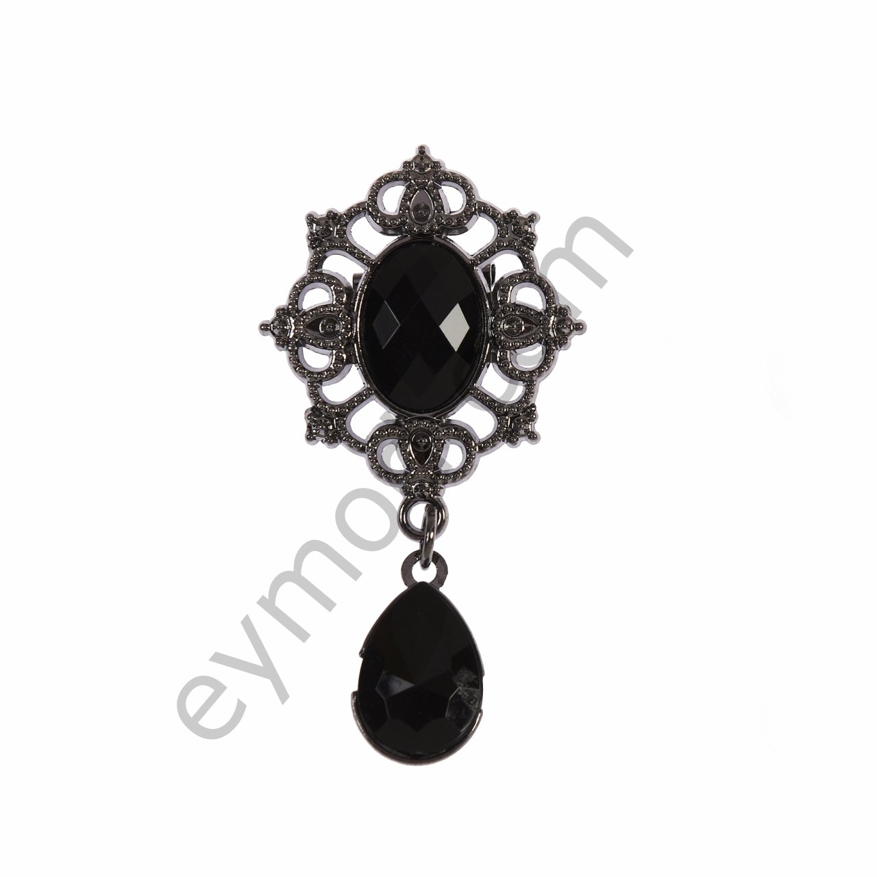 Cam Taşlı Sallantılı Broş BLACK NİKEL + BLACK