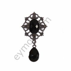 Cam Taşlı Sallantılı Broş BLACK NİKEL + BLACK